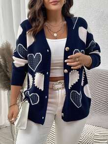 Elenzga Cárdigan informal de talla grande con bloque de color, corazón y adornos de tachuelas, otoño/invierno - Azul Marino - Ver 7