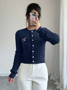 EURMUSE Women's Casual Embroidered Bow Cardigan, Autumn,Cardigans,Long Cardigans Woman,Petite,Tall - Navy Blue - View 4