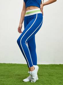 SHEIN Unity Celana Legging Yoga Wanita Modis dengan Warna Kontras, Pinggang Tinggi, dan Model Skinny - Biru - View 4