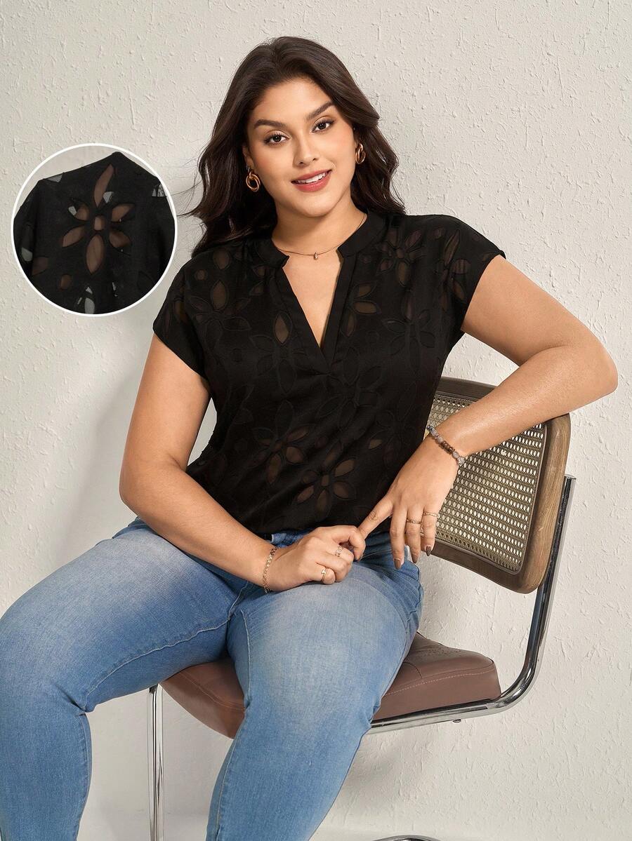 Comfylo Plus Size Cut-Out Sheer Short Sleeve Casual Top Summer Vacation Woman Easter Rave Festival Boho Women Country Women Country Concert Spring For Women Summer Western Wear Women Blouse - Black - View 1