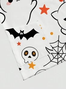 PopScrub 万圣节V领短袖双口袋南瓜、幽灵、女巫、蜘蛛、蝙蝠、南瓜灯笼印花护士/医生工作制服上衣/检查手术制服/纯色宠物美容工作制服上衣/营养师工作制服短袖/实验室工作制服，具有多口袋功能 - 白色 - 查看 4