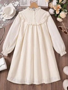 SHEIN Vintaside Kids Váy dài tay thêu họa tiết mộc mạc cho bé gái, màu mơ, đa năng cho trường học, đi chơi và nhiều dịp khác nhau - Màu be - Xem 2