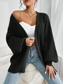 SHEIN EZwear Plus Size Casual Drop Shoulder Ribbed Knit Black Cardigan, Versatile For Autumn/Winter - Black - View 5