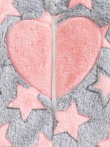 SHEIN Baby Girl Plush Star Print Hooded Romper, Footed Pajamas, Winter Outerwear Winter Baby Clothes Sets Baby Girl Winter Jumpsuit Fall - Grey - View 4