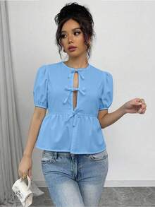 SHEIN Unity 女式夏季泡泡袖蝴蝶结衬衫 - 藍色 - 查看 5