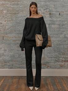 MUSERA Oversized Asymmetrical Shoulder Balloon Sleeve Baggy Slouchy Rib Knit Sweater Classy Cosy Cute Night Out Evening Party Elegant Spring Vacation - Black - View 4