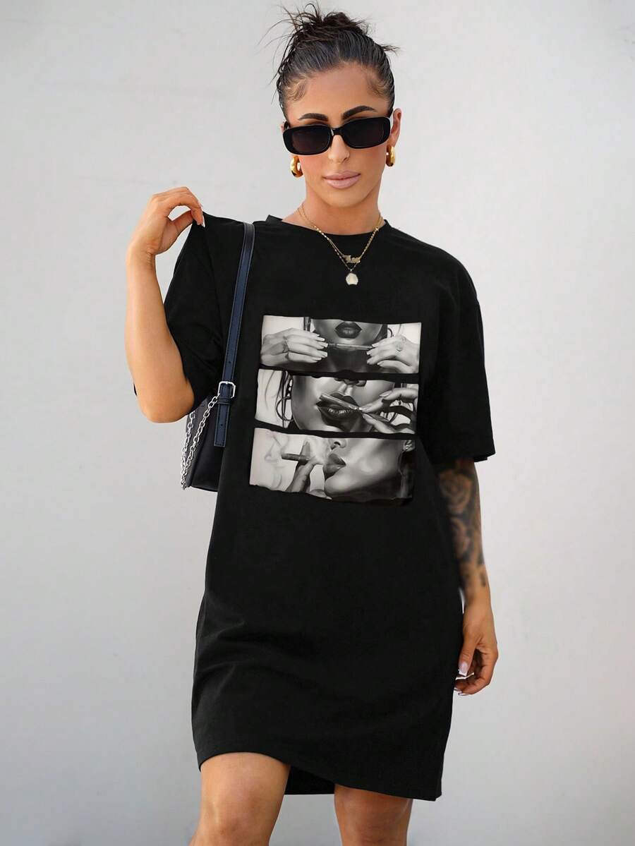 SAYEHFBABY Casual Loose Round Neck Short Sleeve Crop Dress, Suitable For Summer Suitable For Going Out - Black - View 1
