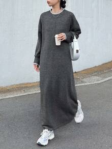 FRIFUL 女式纯色深灰色圆领落肩长袖直筒超长毛衣裙，秋季休闲外套连衣裙