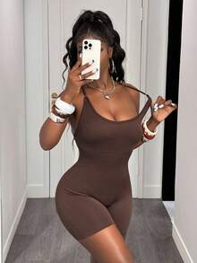 Slaydiva Women's Solid Color Backless Yoga Jumpsuit - Brown - View 4