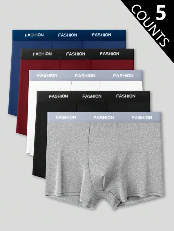 5pcs/Pack Men's Fashion Elastic Waistband Casual, Lightweight Sports, Comfortable Loungewear Boxer Briefs, Plus Size