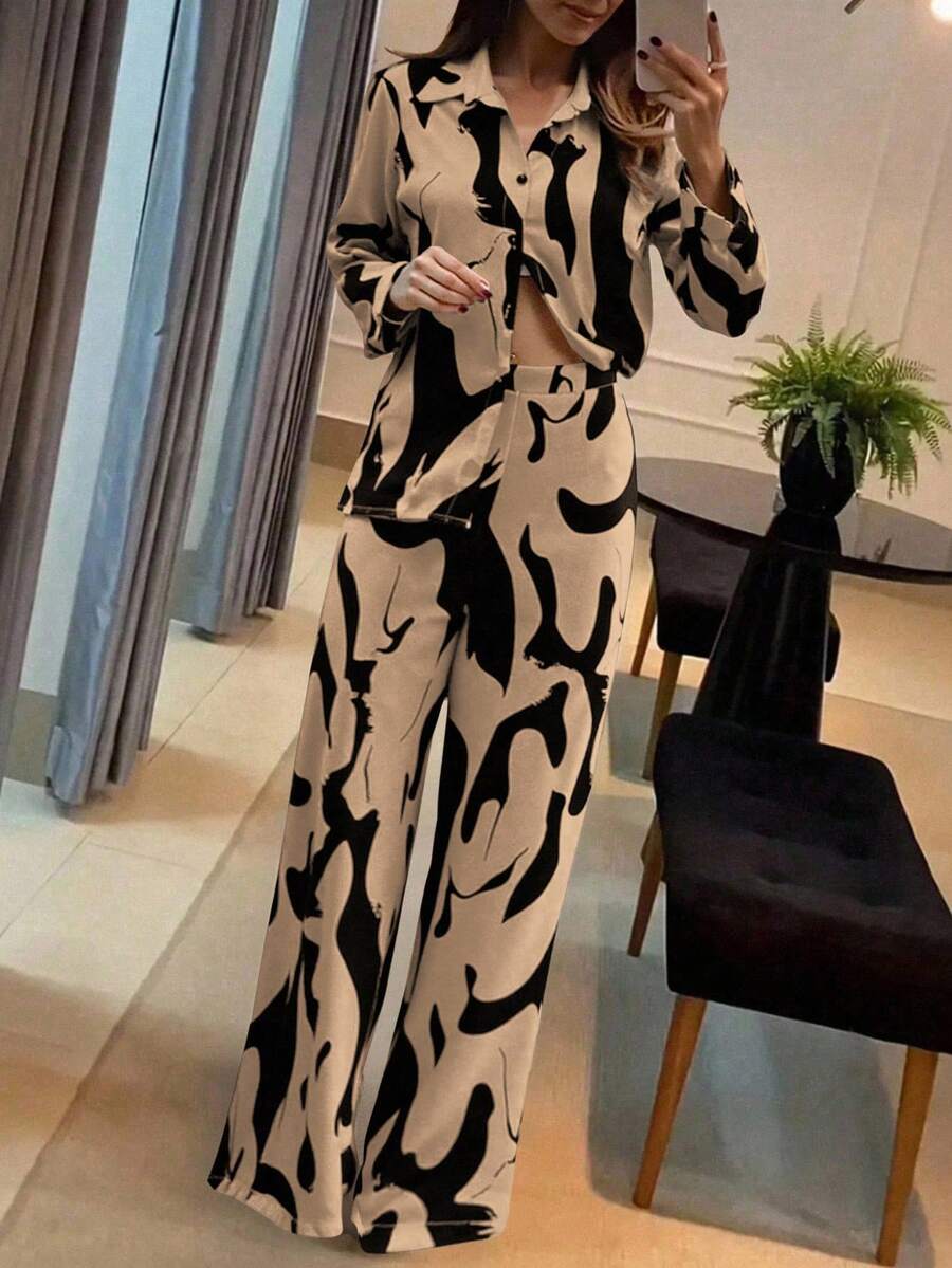 EMERY ROSE 女士法式优雅休闲通勤返校黑白几何花卉印花长袖两件套 - 彩色 - 查看 1