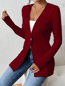 EMERY ROSE 女式休闲纹理无衬里无领轻质长袖西装外套 - 紅色 - 查看 7