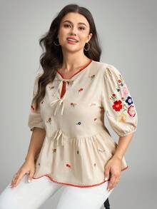 Comfylo 大码女士休闲花卉刺绣衬衫，适合度假外出穿着，秋季女装 - 黃色 - 查看 8