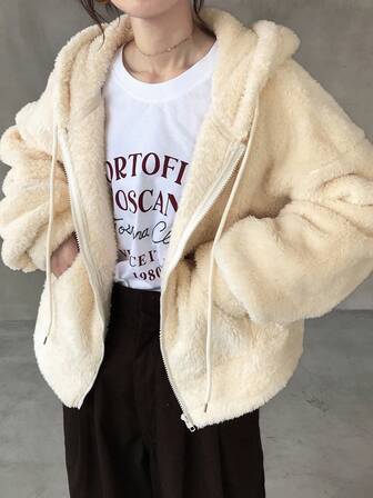 FRIFUL Women's Beige Solid Color Hooded Drawstring Dropped Shoulder Long Sleeve Sherpa Fabric Loose Casual Versatile Fleece Sweatshirt, Autumn Jacket,Winter