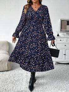 SHEIN Clasi 大码女式秋冬时尚休闲 V 领碎花长款束腰连衣裙，修身廓形长款女装 - 藏蓝色 - 查看 4