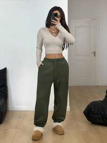 Coolane Quần nỉ nỉ trơn màu thường ngày dành cho nữ, phù hợp cho mùa thu/đông - xanh quân đội - Xem 5