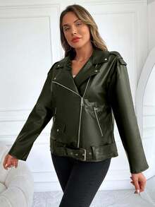 EURMUSE Women's Fashionable Solid Color Jacket With Belt, Autumn - Army Green - View 3