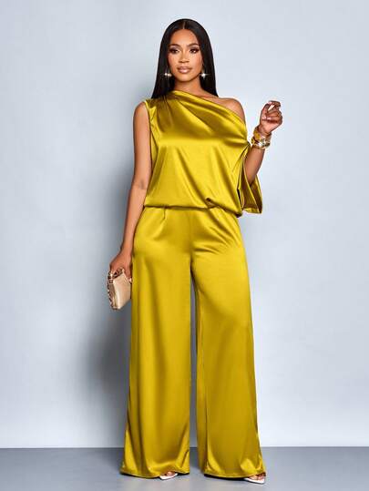 SOLERSUN Women's Elegant Solid Color Asymmetric Neck Satin Jumpsuits