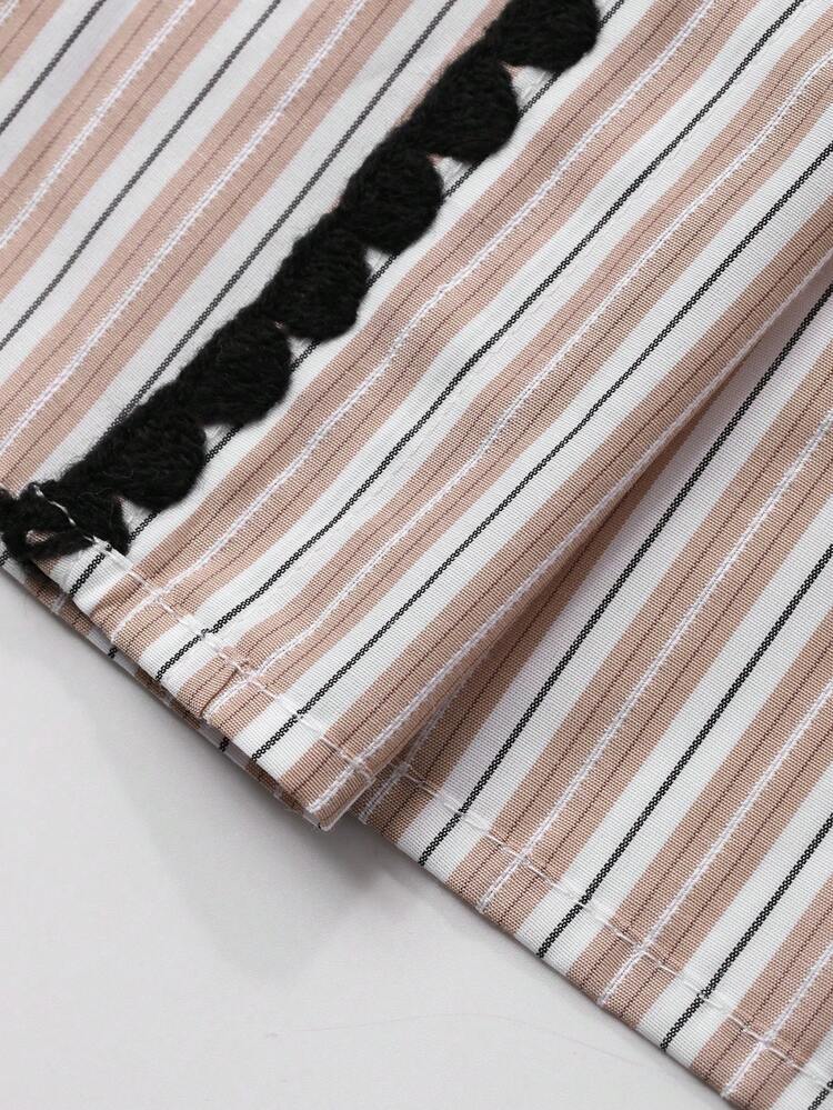 Women's Loose Business Casual Striped Print Long Sleeve Shirt With Contrast Color Blocking, Suitable For Office Wear In Autumn & Spring
