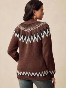 Boho Mama Maternity Fall ,Autumn/Winter Pregnant Women's Casual Western Style Jagged Pattern Raglan Sleeve Pullover Sweater, Autumn/Winter Brown Fair Isle Sweater - Brown - View 2