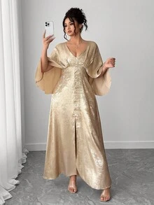 Elenzga 大码女士奢华V领二合一金色晚礼服，秋冬 - 金色 - 查看 4