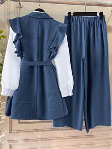 GlowEve CURVE 大码女式纯色撞色荷叶边仿口袋全纽扣优雅通勤西装外套 + 纯色纽扣 A 字型简约百搭半身裙 2 件套