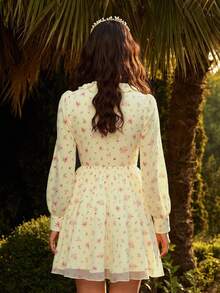 Lucivie Váy ngắn thắt eo in họa tiết cổ chữ V thanh lịch thời trang dành cho nữ - Hồng - Xem 2