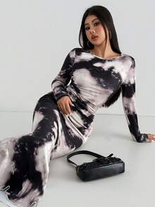 Aidyla Women's Autumn Knitted Tie Dye Print Long Sleeve Bodycon Elegant Going Out Date Vintage Style Maxi Wrap Dress, Black Fall Cloth For Women - Multicolor - View 3