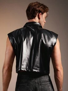 FeverCity 男式纯色 PU 皮革休闲背心，带口袋，秋冬 - 黑色 - 查看 2