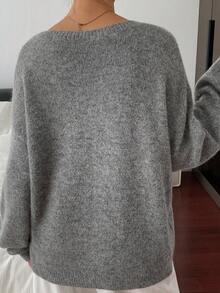 DAZY 女式灰色圆领套头毛衣，搭配撞色玫瑰印花图案，冬季 - 灰色 - 查看 5