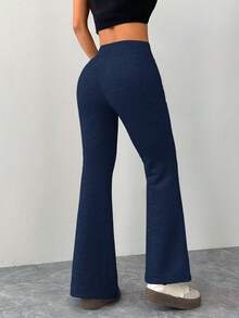 SHEIN PETITE Pantalones de chándal de mujer de cintura elástica gris con vuelo, de estilo casual