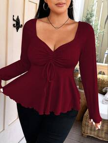 Vionelle Plus Size Women Diamond V-Neck Front Drawstring Rib Knit Long Sleeve T-Shirt, For Thanksgiving Fall Cloth For Women - Burgundy - View 5