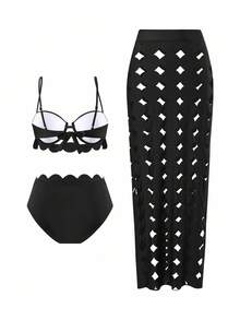 Swim SXY 3pcs/Set Women Beach Summer Outfits: Shoulder Strap Push-Up Top, High Waist Bottoms, Hollow-Out Maxi Beach Cover-Up Dress, High Fashionable Swimwear Set