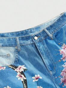 ROMWE MEN Anime Men's Casual Loose Fit Tree Print Pocket Wide Leg Jeans - Blue - View 3