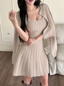 Feyla 2件組女款寬鬆法式優雅針織洋裝開襟衫套裝，秋冬毛衣套裝，早午餐米色 - 駝色 - 查看 5