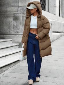 EURMUSE Zip Up Long Padded Coat With Hoodie Keeping Warm - Brown - View 6