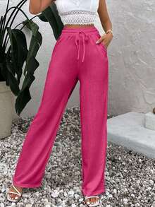 EURMUSE Pantalones anchos de lino de cintura alta con cordón en unicolor beige para mujer - Rosa Fucsia - Ver 6