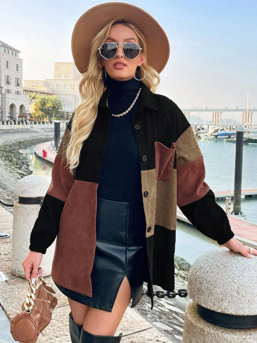 EMERY ROSE Fall Winter Women Multi-Color Clash Coat,Casual Black Brown Contrast Detail Design Button Shirt Collar Pocket,Business Office Workplace Occasion Coat - Brown - View 1