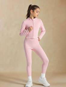 Sparklyn 青少年女孩粉色长袖拉链夹克和交叉腰带紧身裤瑜伽套装、运动服 - 粉色 - 查看 8