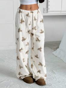 SHEIN EZwear Quần ống rộng in hình gấu hai mặt bằng vải nỉ ấm áp cho mùa thu đông karaoke Giáng sinh dành cho nữ - Nhiều màu - Xem 6