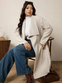 SHEIN LUNE 大码女式纯色翻领长袖系带休闲外套，秋冬外出外套，商务时尚冬装 - 杏色 - 查看 11