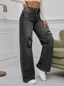 EMERY ROSE Winter Outfit Plus Size Women Distressed Washed Loose Straight Leg Jeans Cargo Pants, Light Blue Cowboy Outfits