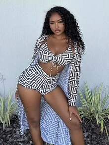 Alexandranx 夏季海滩女士泳装套装包括印花胸罩、内裤和随机图案罩衫，3 件 - 彩色 - 查看 1