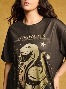 HARRY POTTER X SHEIN Plus Size Summer Casual Snake Print Round Neck Drop Shoulder Oversize Short Sleeve T-Shirt - Black - View 6