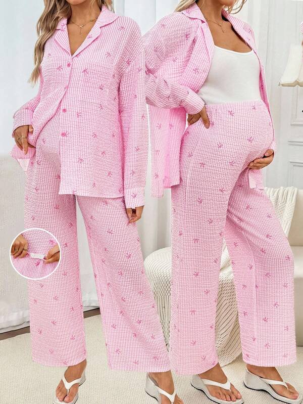 SHEIN 2pcs Maternity Striped Bow Print Long Sleeve Top And Pants Breastfeeding Set Lingerie Lingerie Set Underwear Women Pajama Pajama Dress Loungewear Nightgown Robe Sleepwear Sleepwear Set Tank Top With Bra