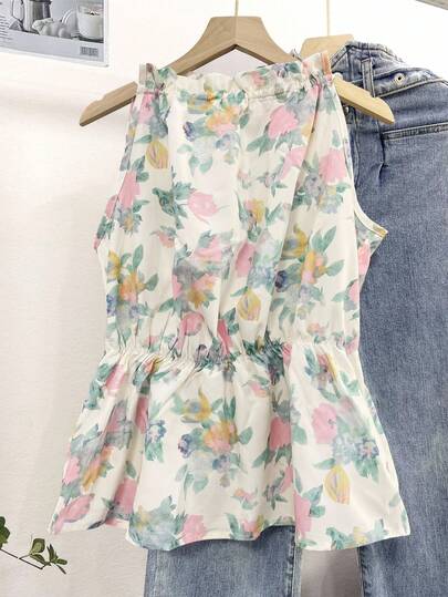 INAWLY Blusa de moda con estampado floral, dobladillo con volantes y sin mangas, adecuada para vacaciones