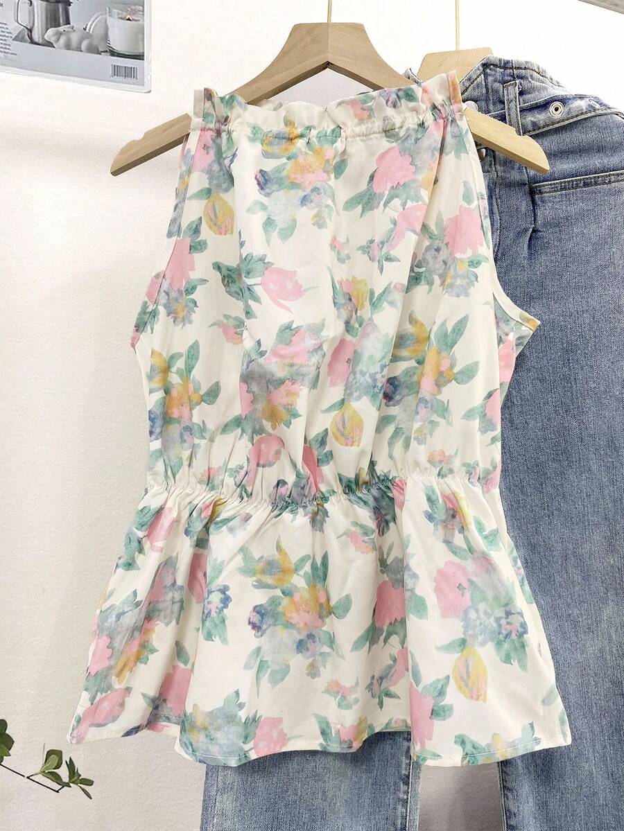 INAWLY Women's Floral Print Ruffle Hem Sleeveless Blouse, Vacation Wear - Multicolor - View 1