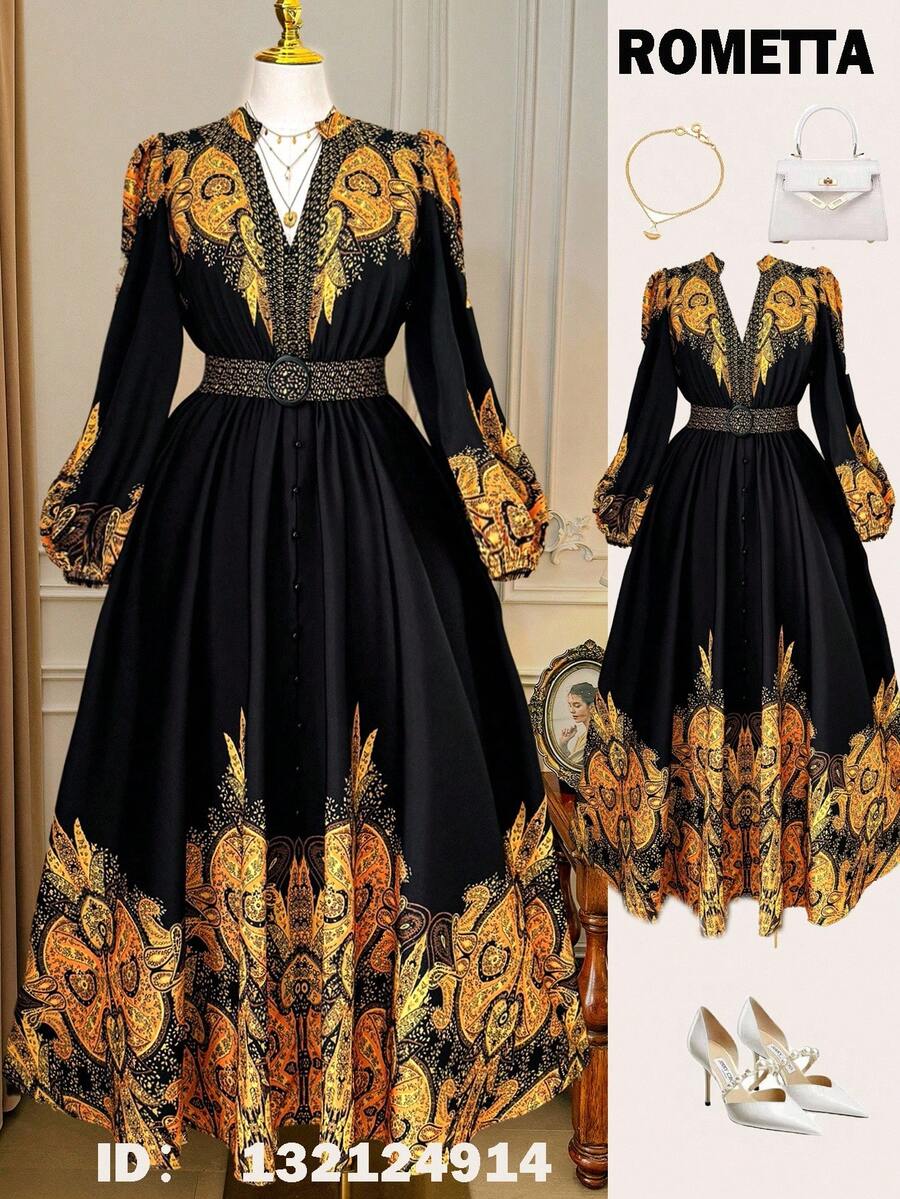 Rometta Never Out Of Style: Gothic Prep With A Wednesday Twist. Embrace Your Inner Shadow Dark Feminine Fashion. Plus Size Women's Popular Fashionable Versatile Thailand Maldives Travel Beach Resort Bohemian Floral Print Waist Cinched Round Neck Long Sleeve Flared Maxi Dress, Spring/Autumn/Winter Fall Cloth For Women