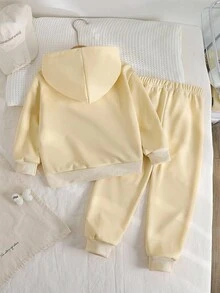 2pcs/Set Toddler Girls' Fashion Cream Bow Embroidery Hooded Jacket + Elastic Waist Fitted Ankle Pants, Casual Sports Outfit, Spring/Autumn Toddler Track Suit Kids Outfit Set Boy Clothes Set Kids Zip Up Hoodie Set Toddler Tracksuit Set Fall Winter - Apricot - View 4