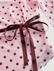 SHEIN MOD Women's Sweet Asymmetric Hem Polka Dot Flare Sleeve Bow Mesh T-Shirt, Polka Dot Top, Pink Top,Valentine Outfits - Pink - View 3